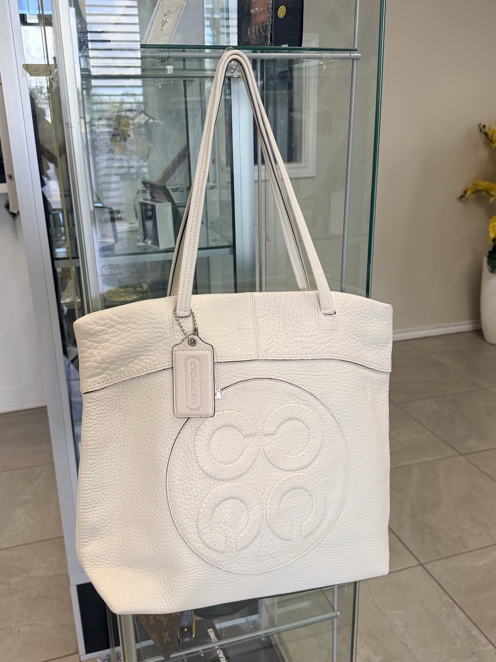 Coach Cream Pebbled Leather Tote with Signature Medallion